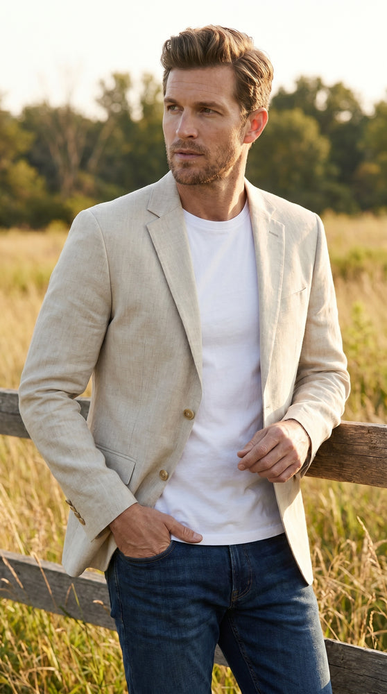Men’s Cream Linen Blazer Big and Tall, Lightweight Summer Sport Coat for Dress Casual Wear