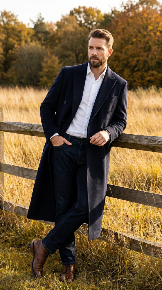 Men’s Black Cashmere Blend Full Length Overcoat, Double Breasted Winter Dress Topcoat