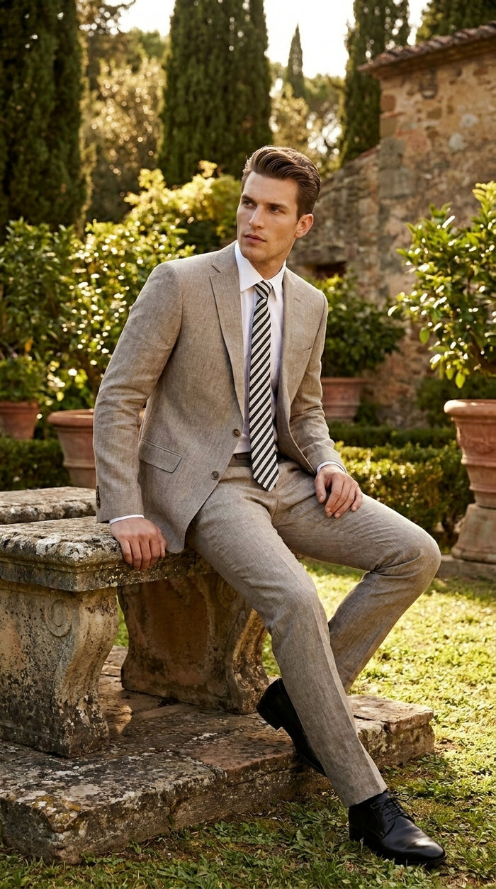 Men’s Dark Tan Taupe 100% Linen Suit with 2 Button Jacket and Flat Front Pants