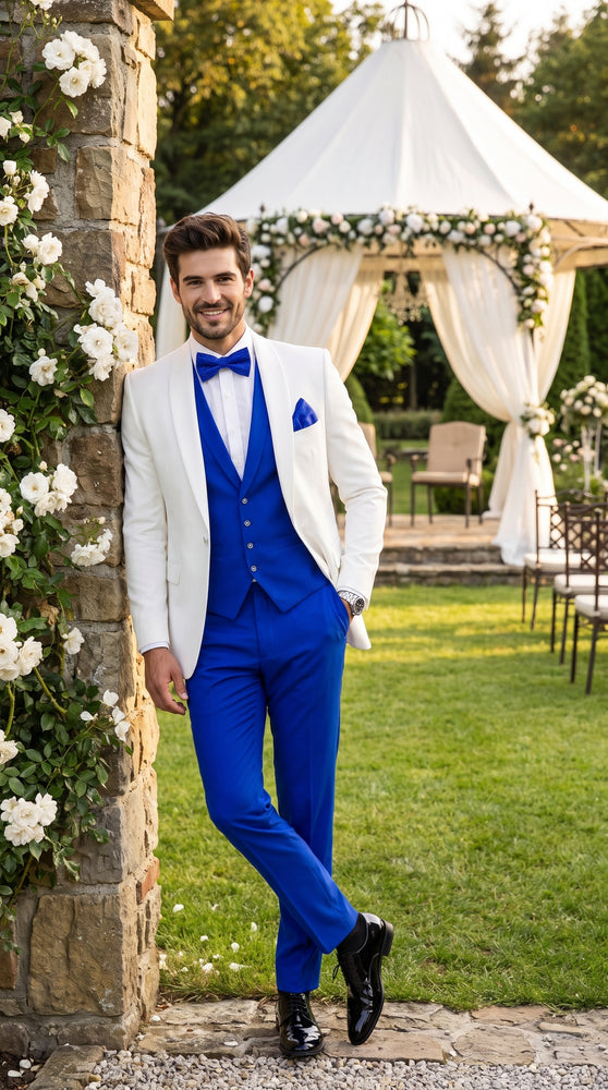 Men’s White and Royal Blue Tuxedo Wedding Suit – White Dinner Jacket with Royal Blue Vest, Pants & Bow Tie