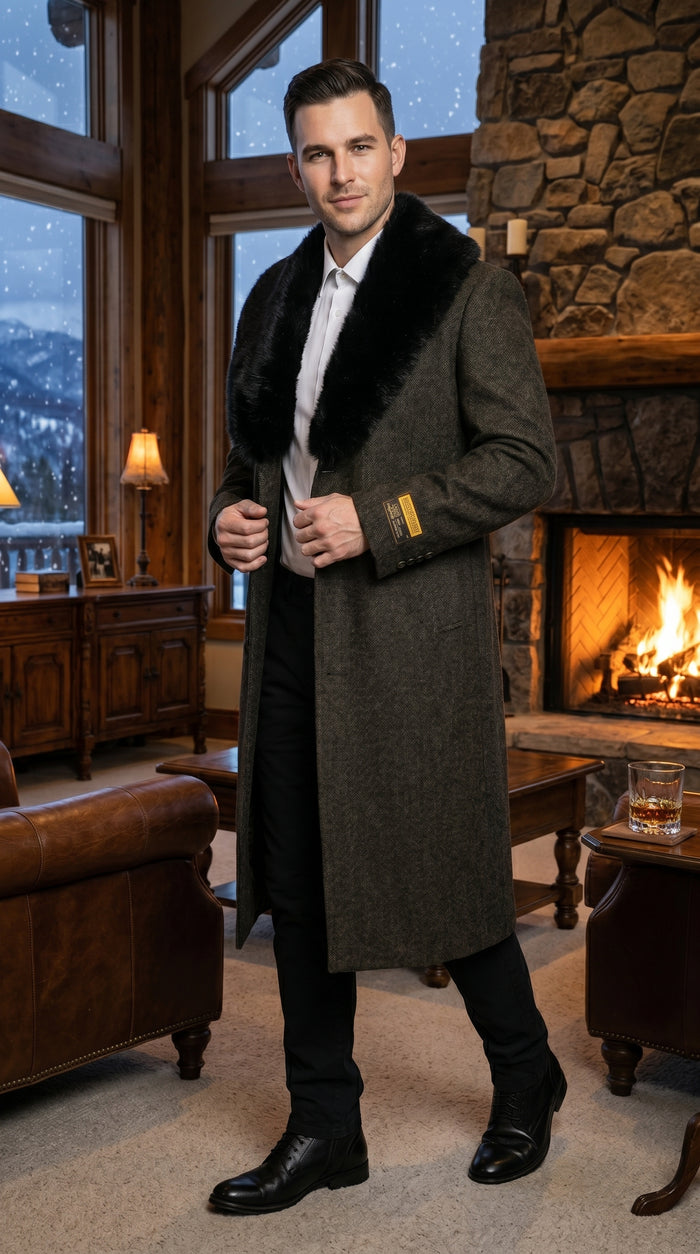 Men’s Brown Big and Tall Long Overcoat with Fur Style Collar, Winter Dress Topcoat in 4XL 5XL 6XL
