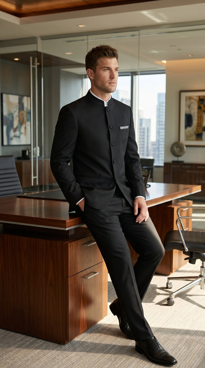 Men’s Black 5 Button Mandarin Collar Nehru Style Suit, Formal Banded Collar Dress Suit