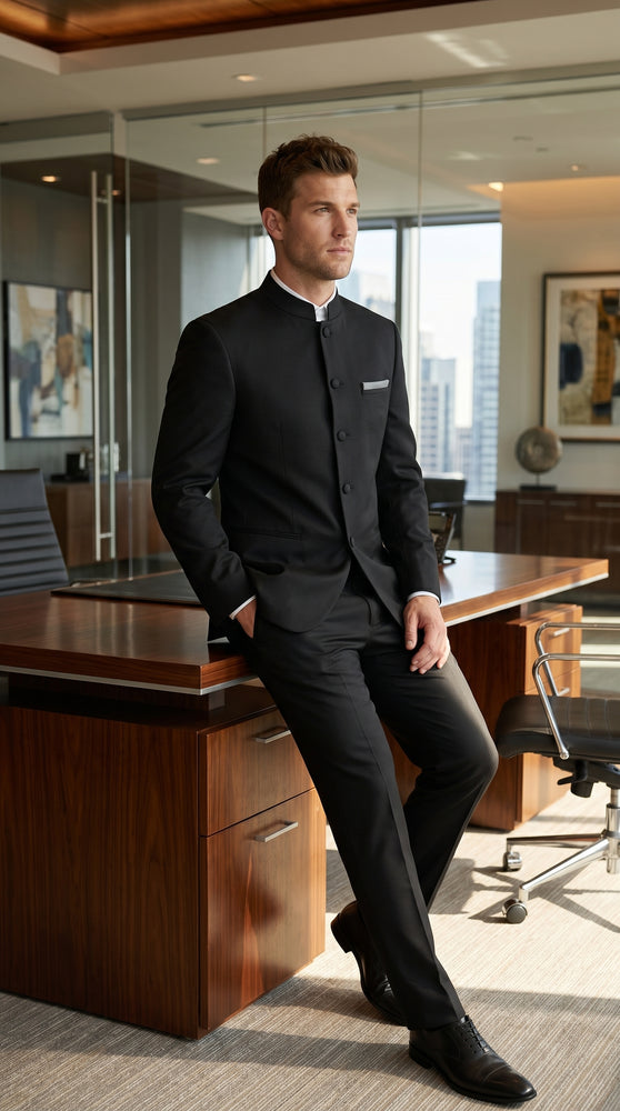 Men’s Black 5 Button Mandarin Collar Nehru Style Suit, Formal Banded Collar Dress Suit