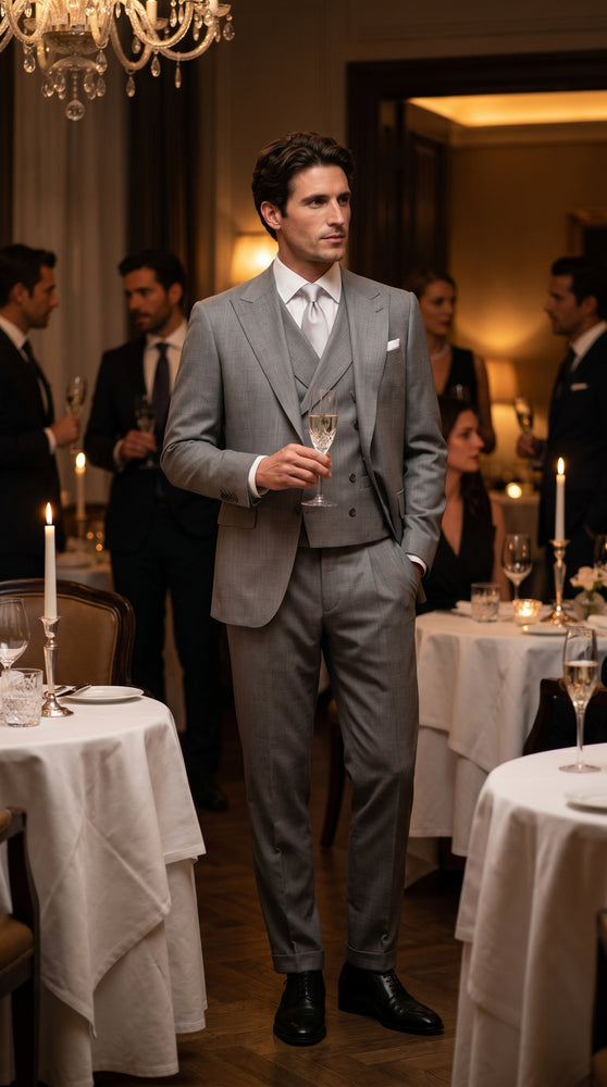Men’s Light Grey Classic Fit Suit with Double Breasted Vest and Pleated Pants, Formal Dress Suit