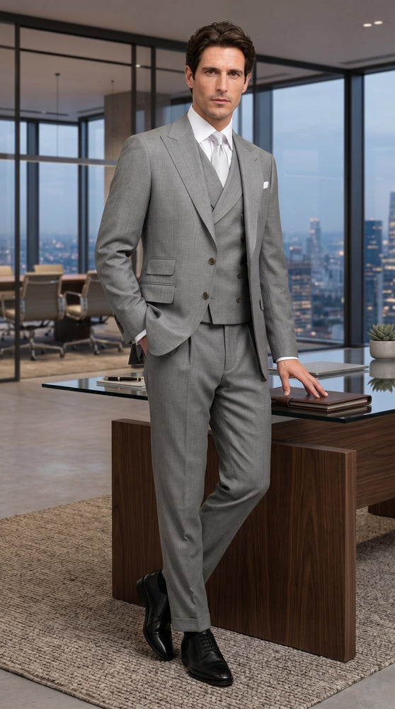 Men’s Light Grey Classic Fit Suit with Double Breasted Vest and Pleated Pants, Formal Dress Suit