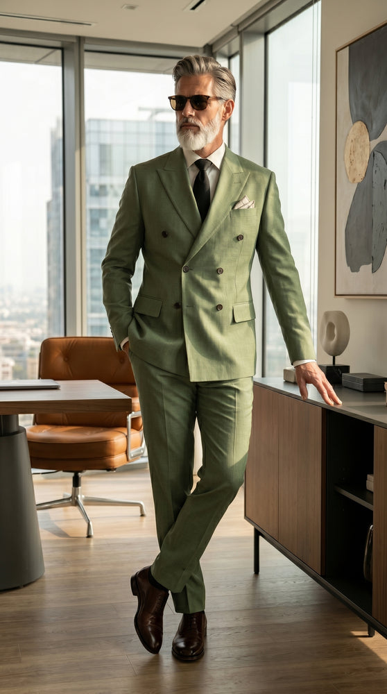 Men’s Sage Green Double Breasted Summer Suit, Lightweight Formal Wedding Dress Suit