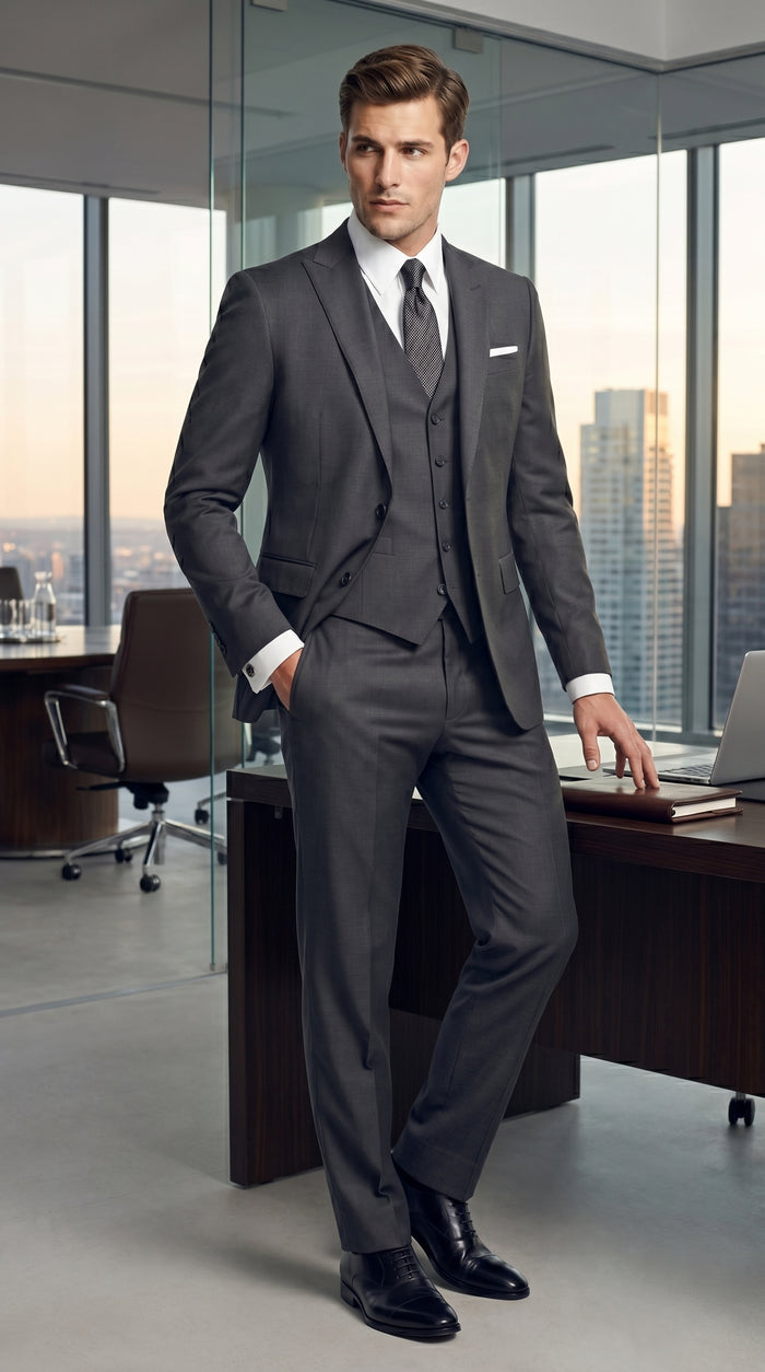 Men’s Dark Grey 3 Piece Vested Suit with 2 Button Jacket and Peak Lapel, Formal Wedding Business Suit