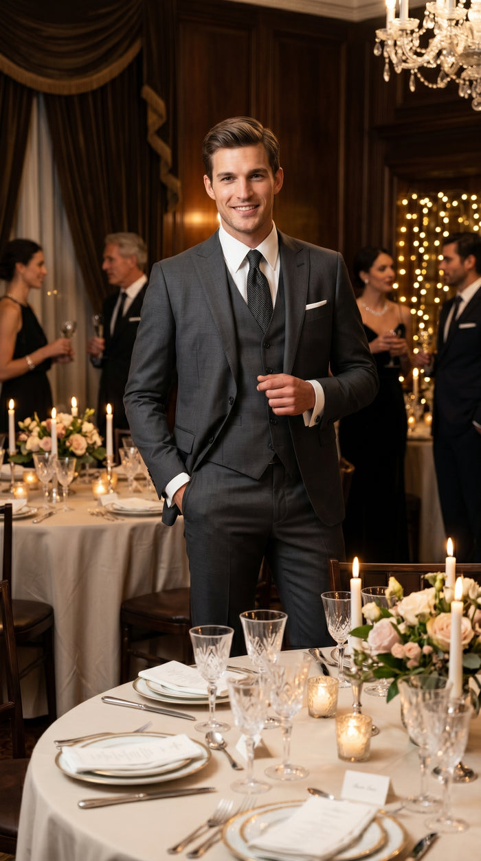 Men’s Dark Grey 3 Piece Vested Suit with 2 Button Jacket and Peak Lapel, Formal Wedding Business Suit