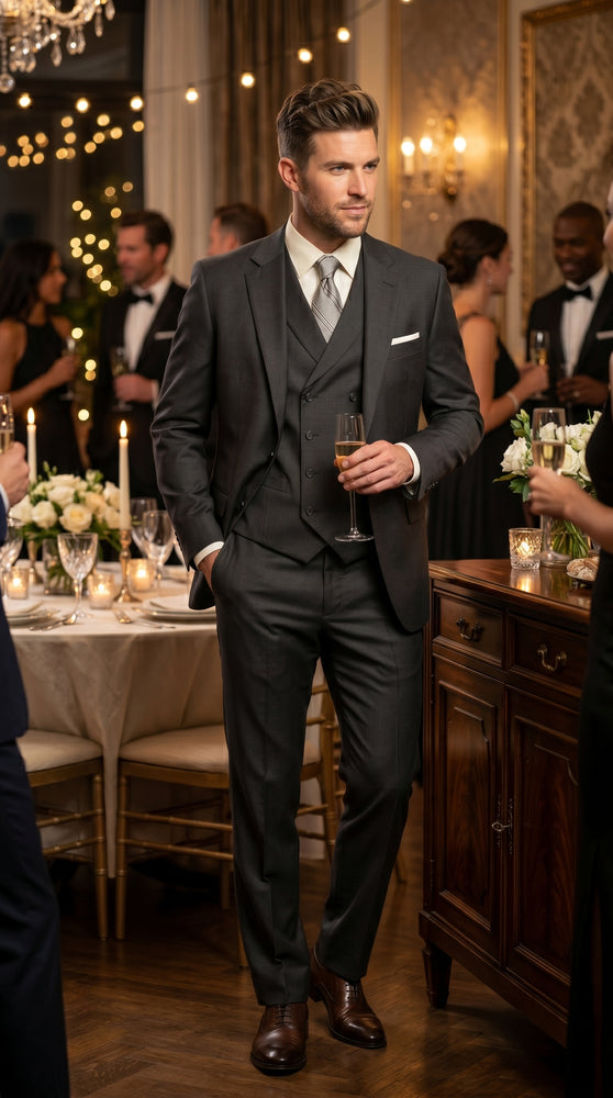 Men’s Urban Gray 3 Piece Suit with Double Breasted Vest and Pleated Pants, Formal Dress Suit