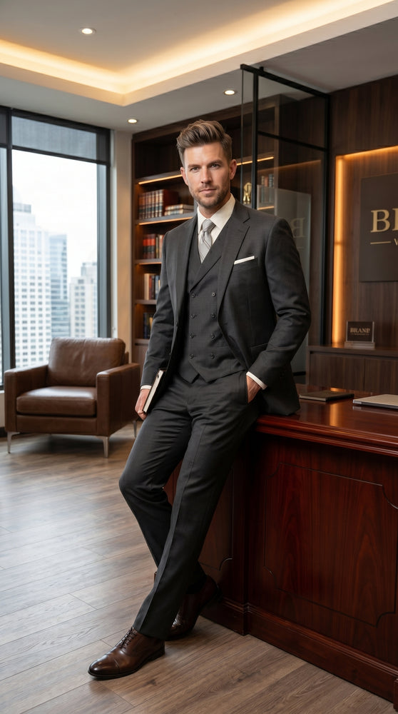 Men’s Urban Gray 3 Piece Suit with Double Breasted Vest and Pleated Pants, Formal Dress Suit