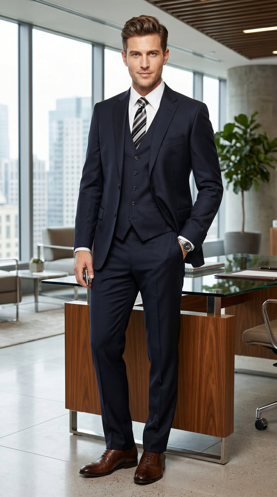 Men’s Black 3 Piece Suit with 2 Button Jacket, Vested Peak Lapel Formal Dress Suit