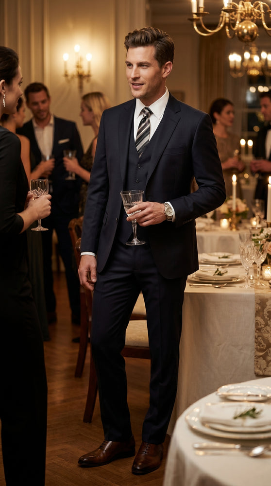 Men’s Black 3 Piece Suit with 2 Button Jacket, Vested Peak Lapel Formal Dress Suit