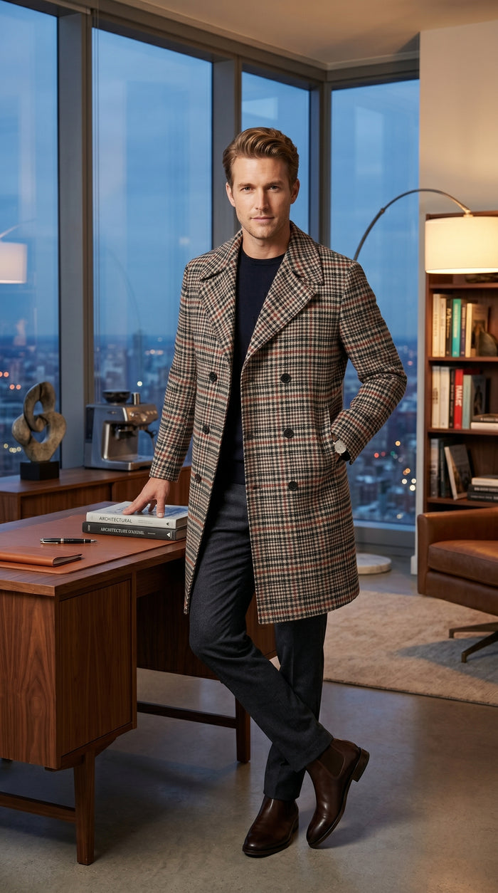 Men’s Cream Black and Red Plaid Wool Blend Peacoat, Checkered Double Breasted Winter Coat