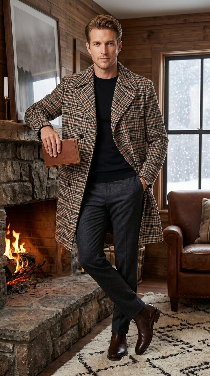 Men’s Cream Black and Red Plaid Wool Blend Peacoat, Checkered Double Breasted Winter Coat