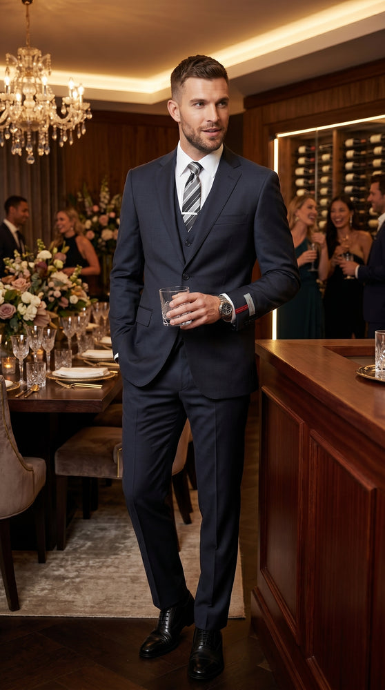 Men’s Black 3 Piece Vested Suit with 2 Button Jacket, Formal Wedding Business Suit