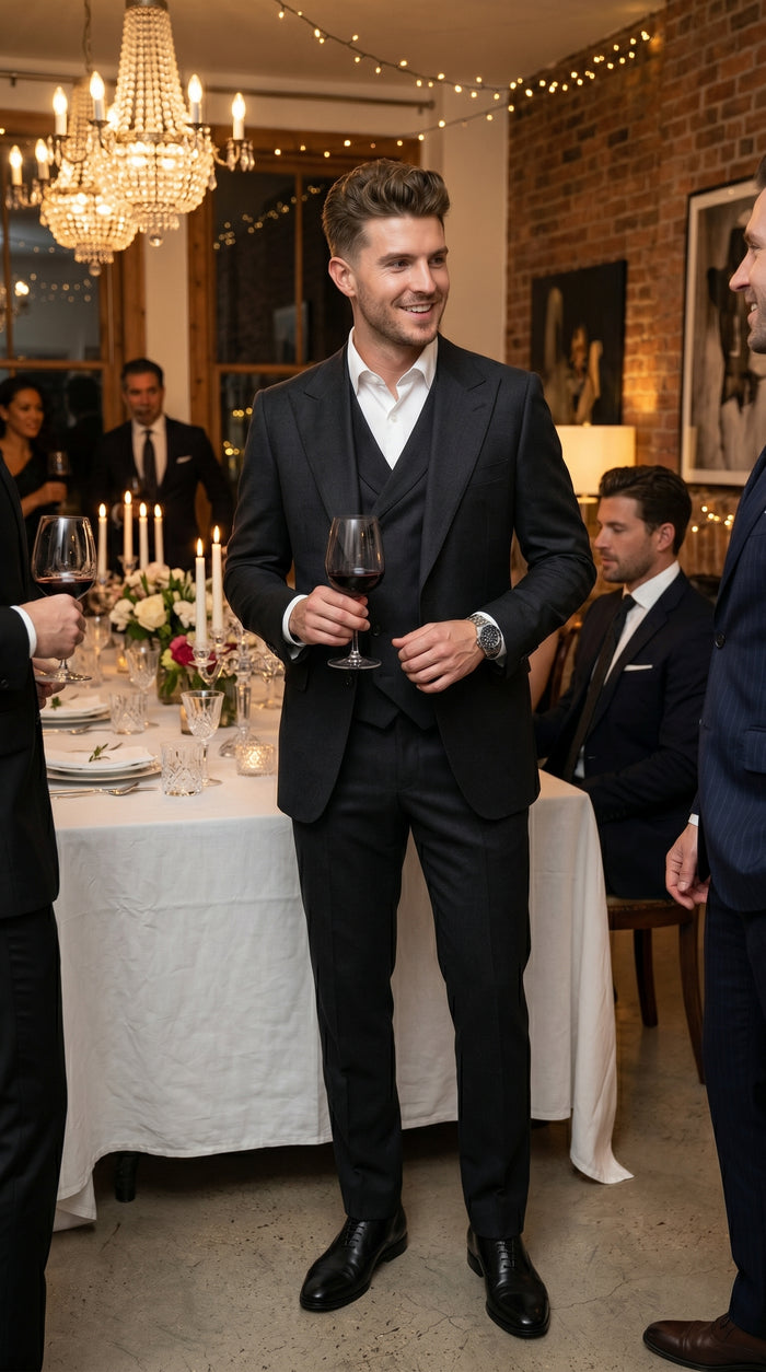 Men’s Black Classic Fit 3 Piece Suit with Double Breasted Vest and Pleated Pants