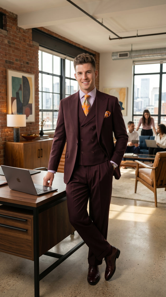 Men’s Burgundy Maroon 3 Piece Suit with Double Breasted Vest and Pleated Pants