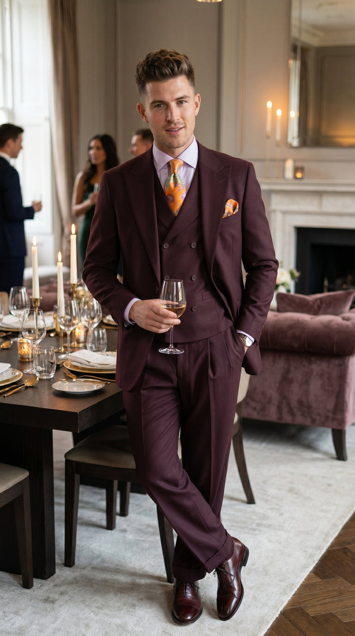 Men’s Burgundy Maroon 3 Piece Suit with Double Breasted Vest and Pleated Pants