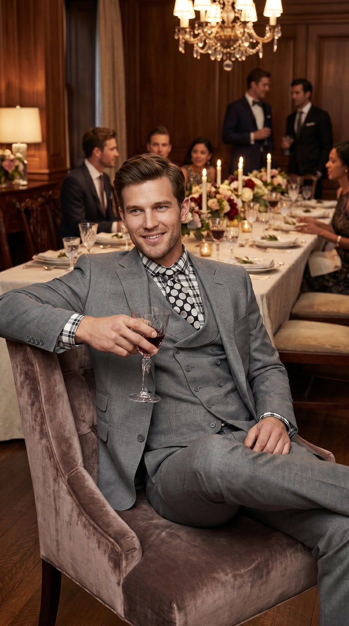 Men’s Light Grey 3 Piece Suit with Double Breasted Vest and Pleated Pants