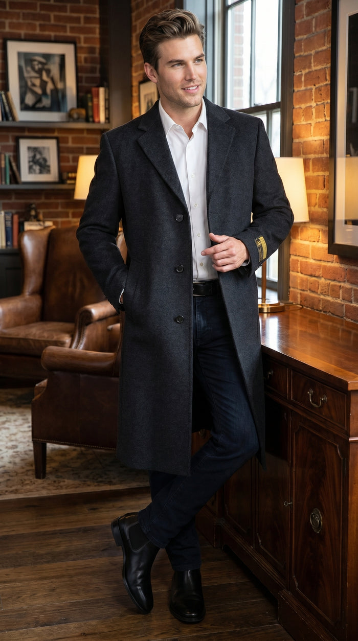 Men’s Charcoal Full Length Wool Dress Topcoat, Formal Winter Overcoat for Men