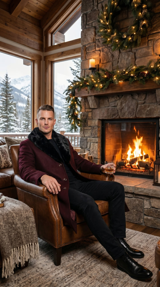 Men’s Burgundy Big and Tall Long Overcoat with Black Fur Style Collar, Winter Dress Topcoat up to Size 68