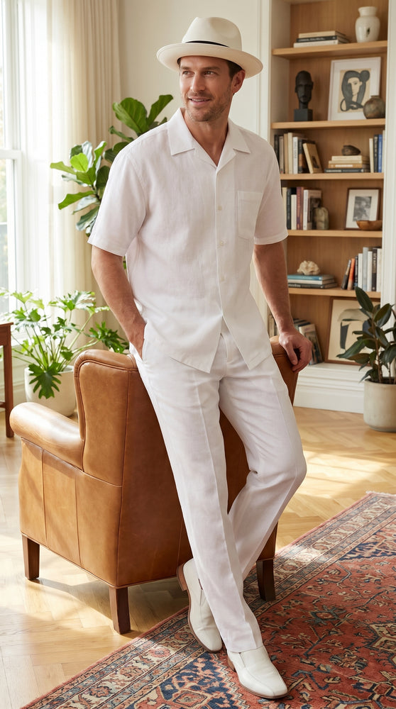 Men’s White Linen Walking Suit with Short Sleeve Shirt and Matching Pants, Summer Casual Outfit