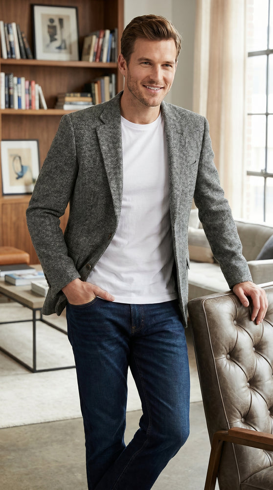 Men’s Grey Harris Tweed Herringbone Sport Coat, Classic Dress Casual Blazer Jacket