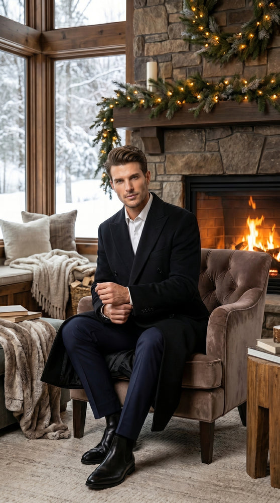 Men’s Black Cashmere Blend Full Length Overcoat, Double Breasted Winter Dress Coat