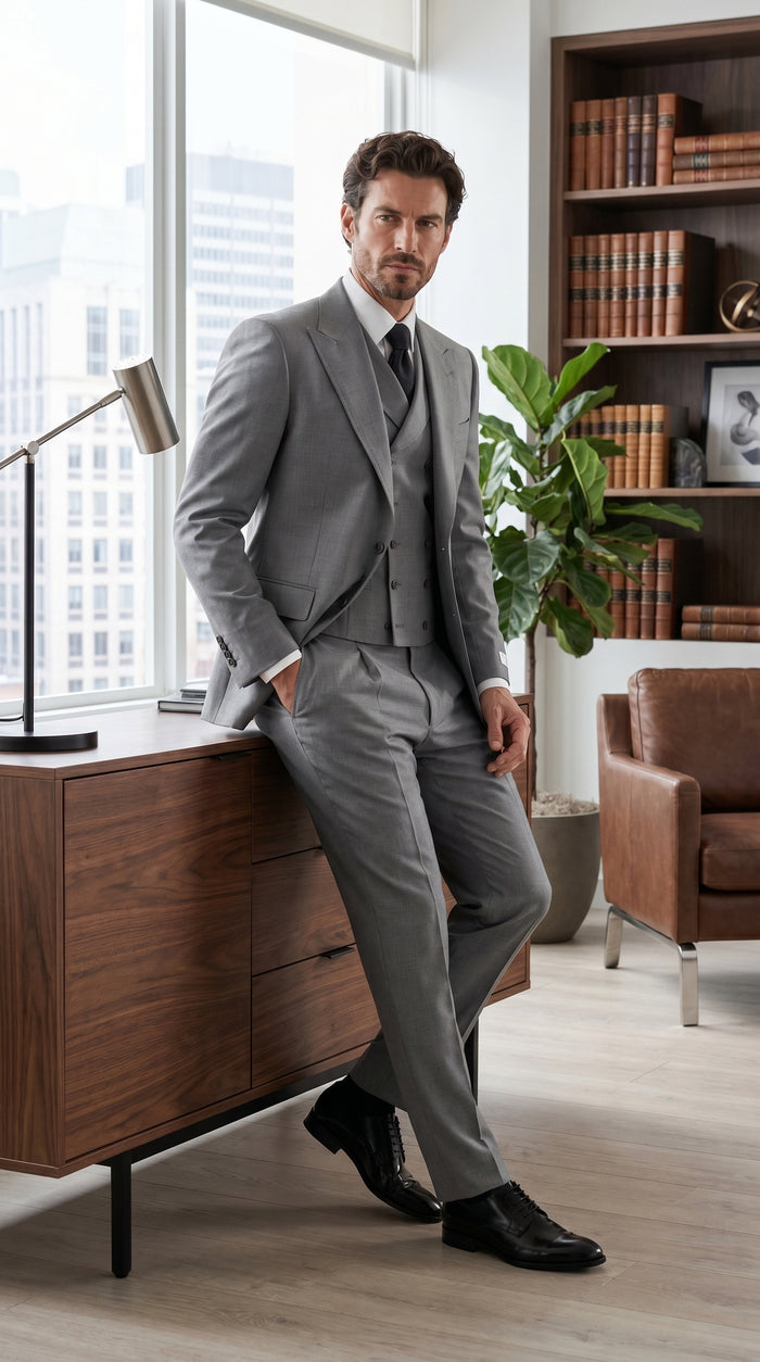 Men’s Grey 1920s Style 3 Piece Suit with Double Breasted Slanted Vest, Peak Lapel & Pleated Wide Leg Pants