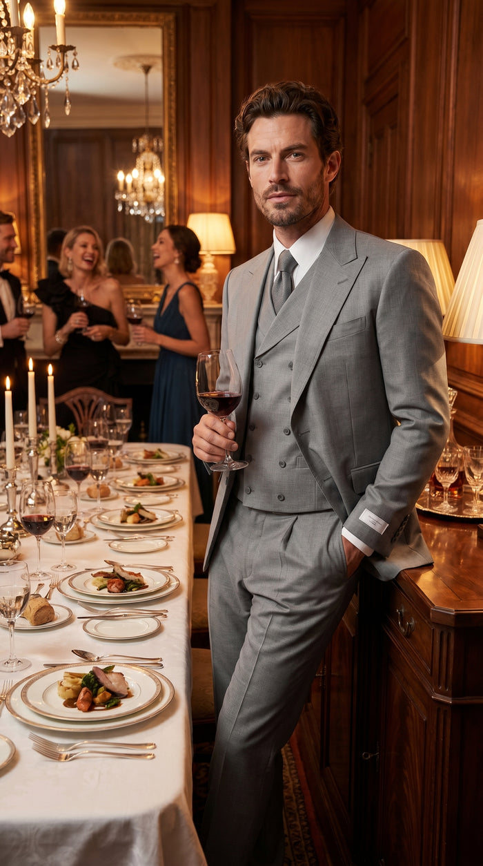 Men’s Grey 1920s Style 3 Piece Suit with Double Breasted Slanted Vest, Peak Lapel & Pleated Wide Leg Pants