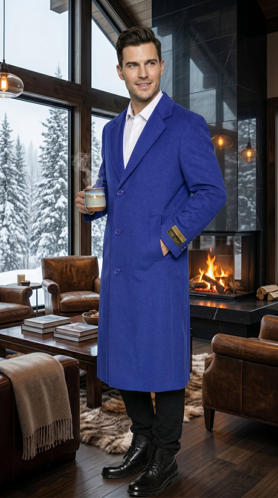 Men’s Royal Blue Full Length Overcoat Big and Tall Wool Blend Dress Topcoat Winter Coat 4XL 5XL 6XL