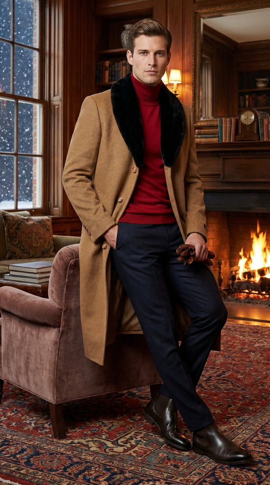 Men’s Camel Big and Tall Long Overcoat with Black Fur Style Collar, Winter Dress Topcoat up to Size 68