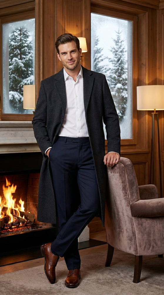 Men’s Black Cashmere Blend Full Length Overcoat, Classic Winter Dress Topcoat
