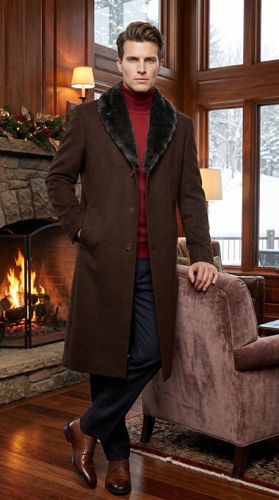 Men’s Brown Big and Tall Long Overcoat with Black Fur Style Collar, Winter Dress Topcoat up to Size 68