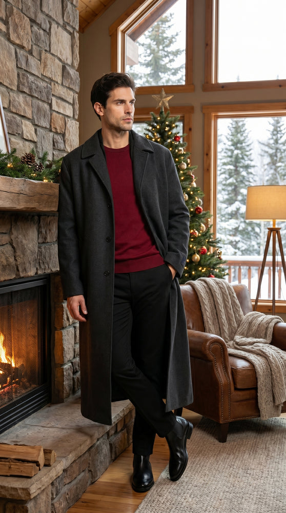 Men’s Charcoal 3 Button Long Wool Blend Dress Coat, Full Length Formal Winter Overcoat