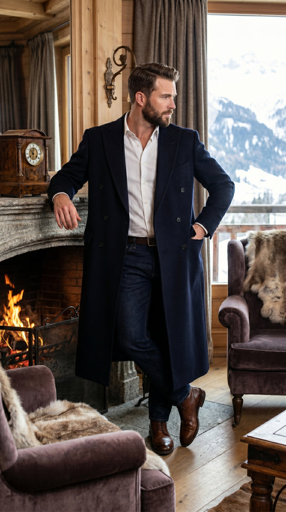 Men’s Black Cashmere Blend Full Length Overcoat, Double Breasted Winter Dress Topcoat