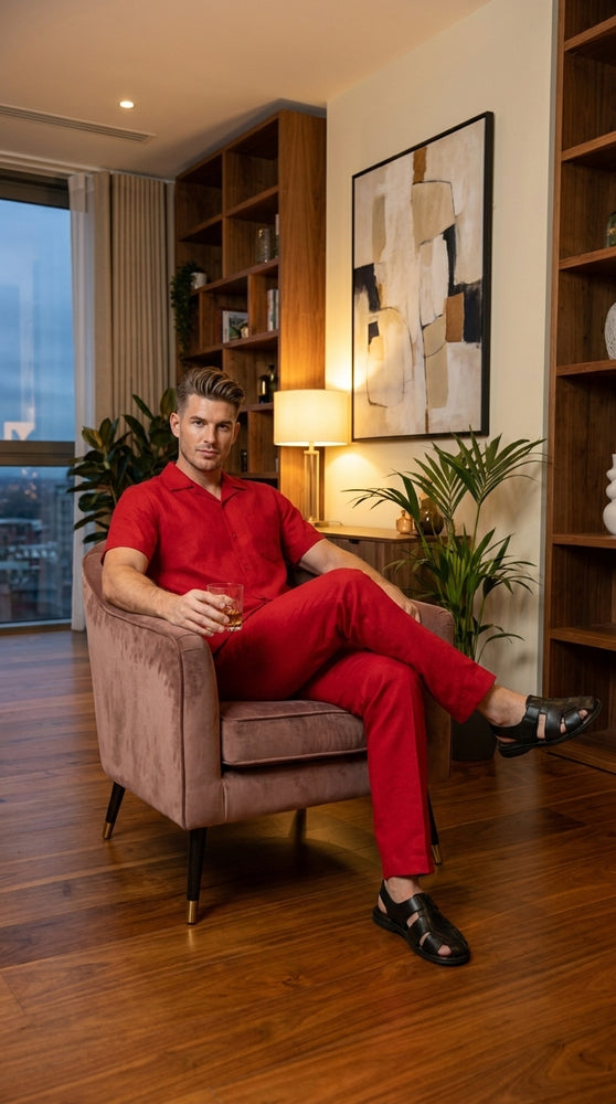 Men’s Red 2 Piece Short Sleeve Walking Suit, Casual Shirt and Pants Set