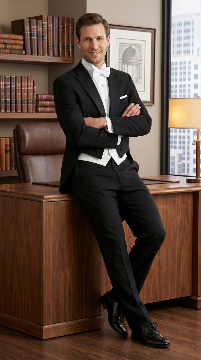 Men’s Black Tailcoat Tuxedo Jacket with Notch Collar, 6 Button Formal Tail Suit