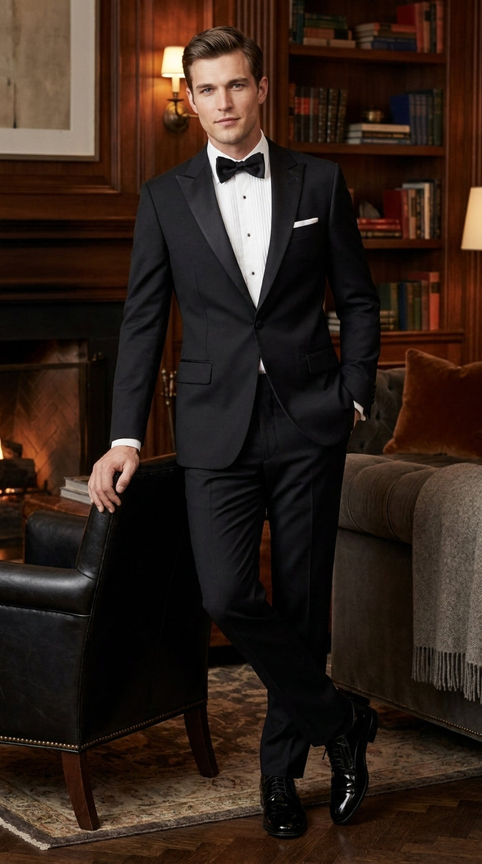 Men’s Black 100% Worsted Wool Tuxedo, Peak Lapel Formal Wedding Prom Dinner Suit
