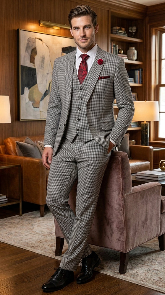 Men’s Black and White Houndstooth Tweed 3 Piece Suit, Vested 2 Button Formal Dress Suit
