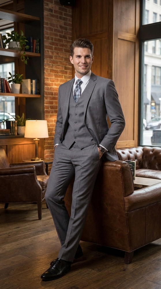 Men’s Charcoal Grey 3 Piece Suit, Notch Lapel 2 Button Vested Formal Business Dress Suit