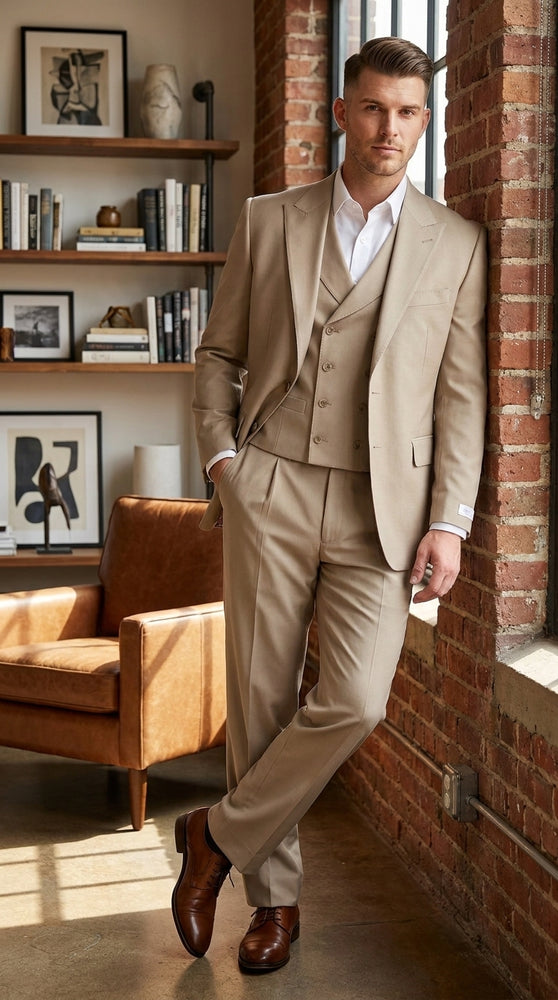 Tiglio Rosso Men’s Tan 3 Piece Italian Wool Suit, Classic Fit Peak Lapel Wide Leg Dress Suit