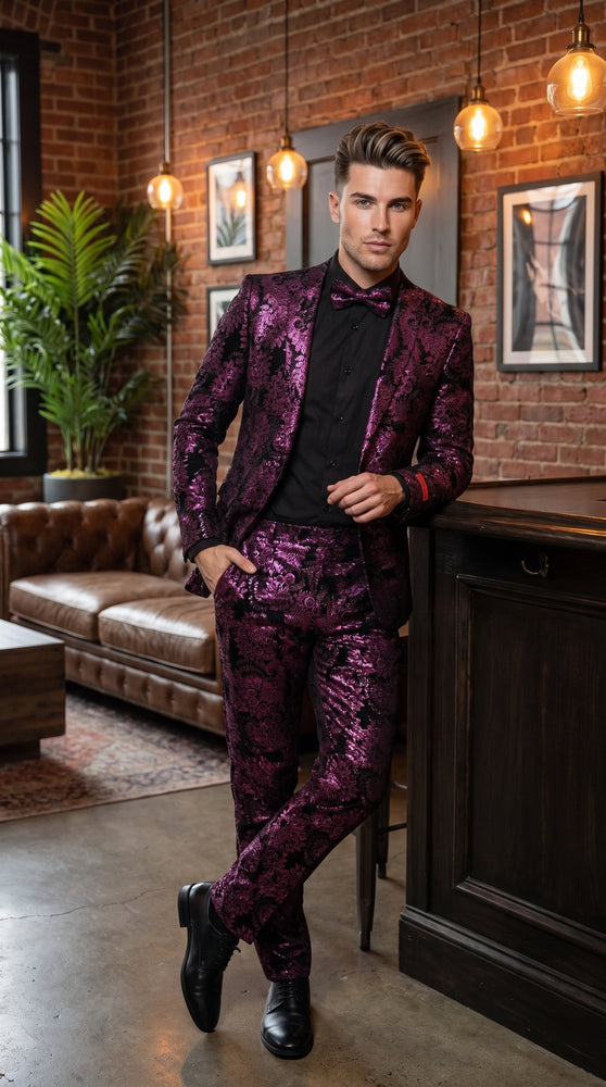 Men’s Black and Deep Pink Floral Tuxedo Suit, Slim Fit 2 Piece Formal Prom Wedding Suit with Bow Tie