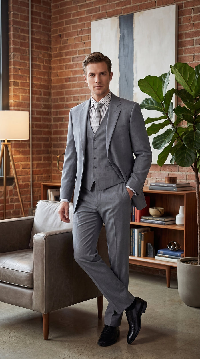 Men’s Mid Gray 3 Piece Suit, Modern Fit 2 Button Vested Formal Wedding Business Suit
