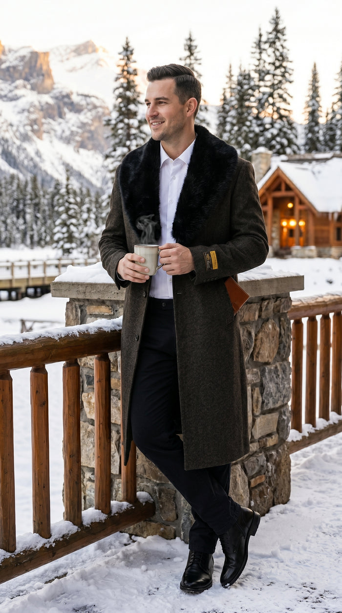 Men’s Brown Big and Tall Long Overcoat with Fur Style Collar, Winter Dress Topcoat in 4XL 5XL 6XL