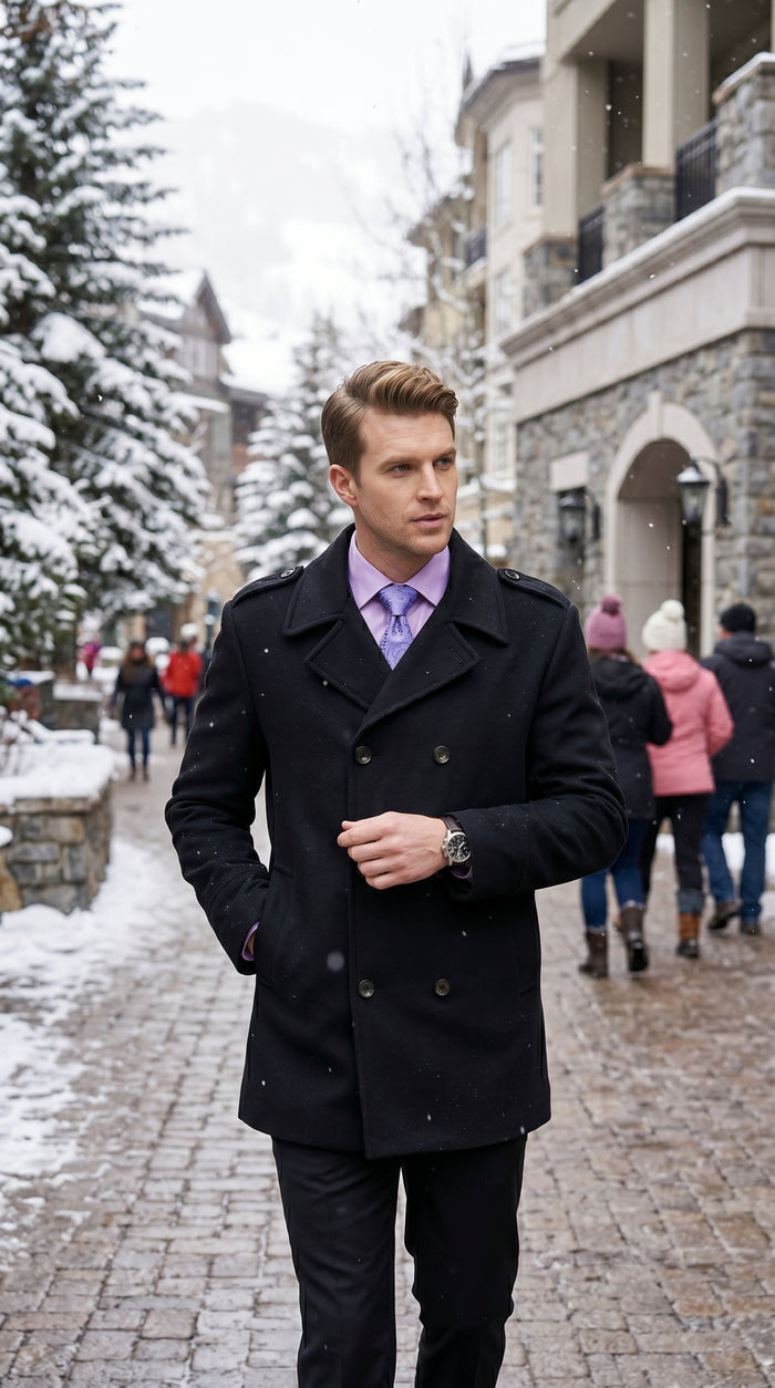 Men’s Black Wool Blend Double Breasted Peacoat, Designer Style Winter Dress Coat
