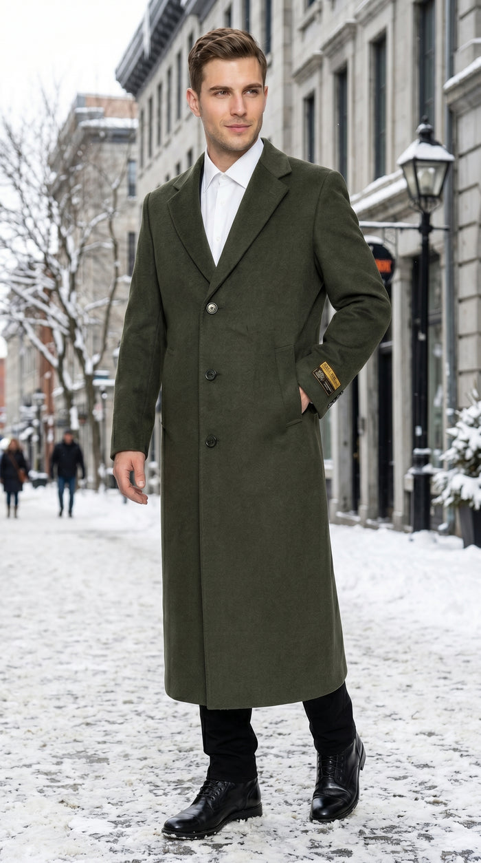 Men’s Olive Green Full Length Wool Blend Topcoat, Long Dress Overcoat for Winter Formal Wear
