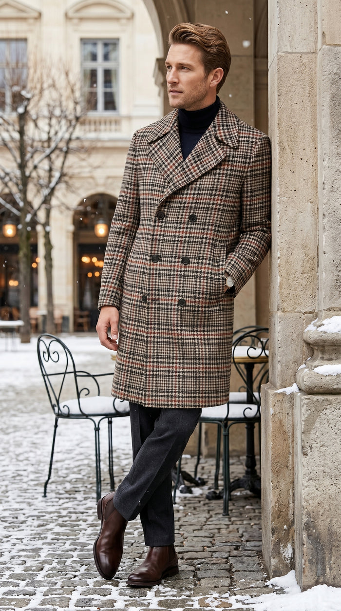Men’s Cream Black and Red Plaid Wool Blend Peacoat, Checkered Double Breasted Winter Coat