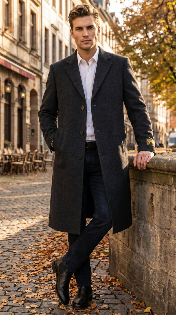 Men’s Charcoal Full Length Wool Dress Topcoat, Formal Winter Overcoat for Men