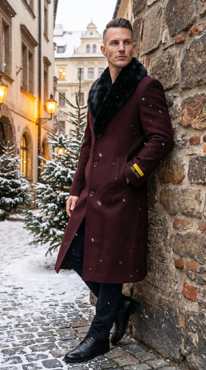 Men’s Burgundy Big and Tall Long Overcoat with Black Fur Style Collar, Winter Dress Topcoat up to Size 68